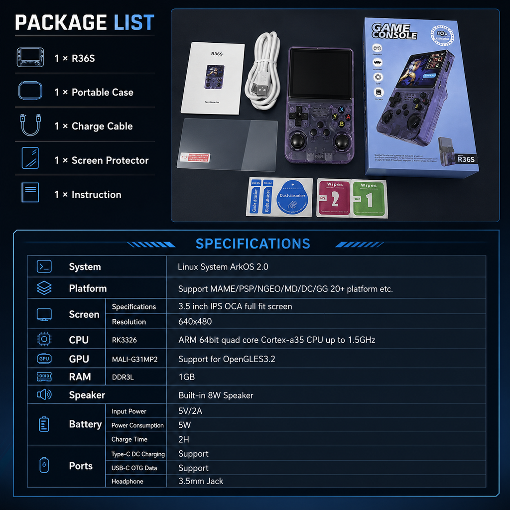 R36S Consola Retro Portátil | Arkos 2.0 | 20,000+ Juegos | 64GB / 128GB