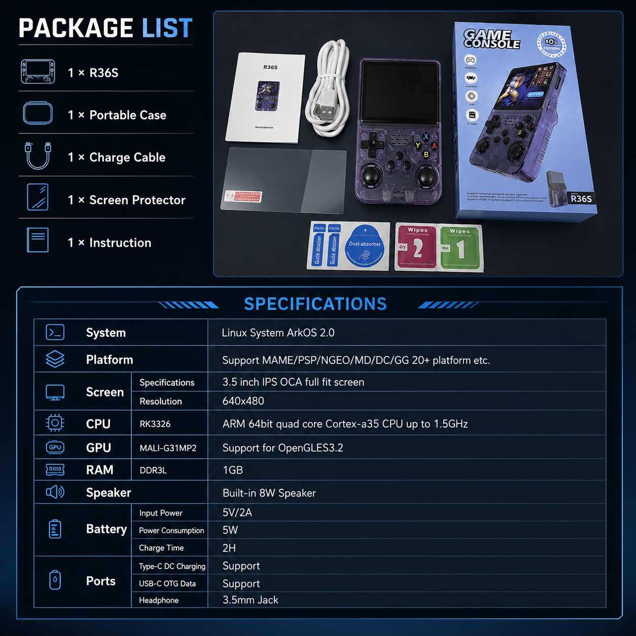 R36S Consola Retro Portátil | Arkos 2.0 | 20,000+ Juegos | 64GB / 128GB